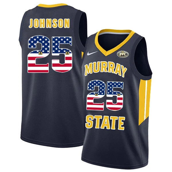 Basketball Jersey for Lightweight Custom Designs-Murray State Racers 25 Jalen Johnson Navy USA Flag College Basketball Basketball Jersey