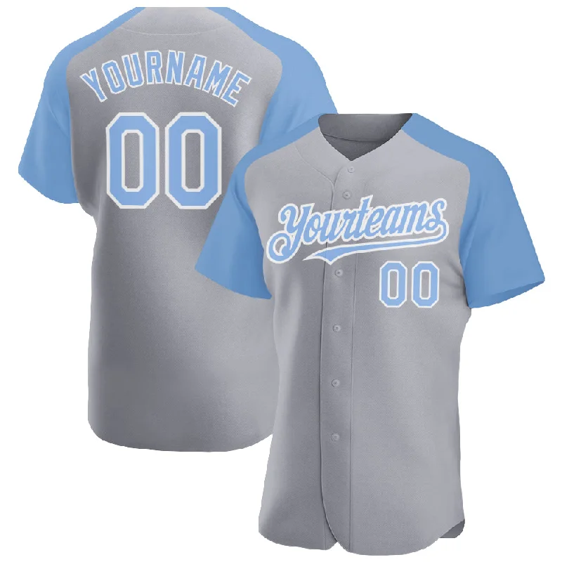 Baseball Jersey for Softball and Baseball Teams-Custom Gray Light Blue-White Authentic Raglan Sleeves Baseball Jersey