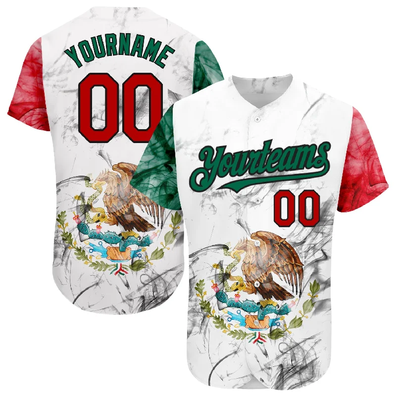 Baseball Jersey for Youth Baseball Teams-Custom White Red Kelly Green-Black 3D Mexican Flag Authentic Baseball Jersey