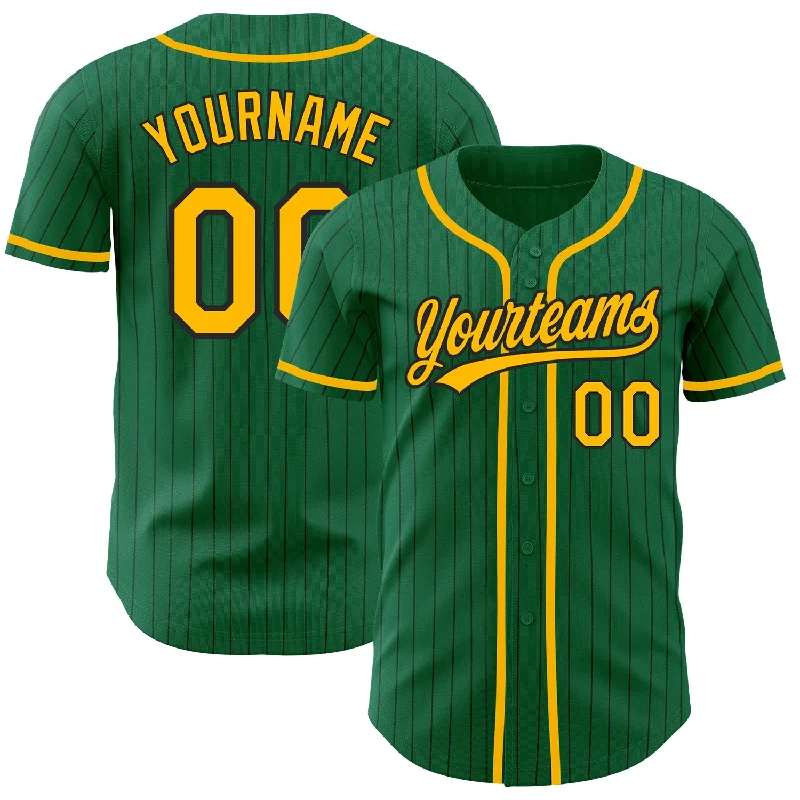 Baseball Jersey for Custom Names and Numbers-Custom Kelly Green Black Pinstripe Gold Authentic Baseball Jersey