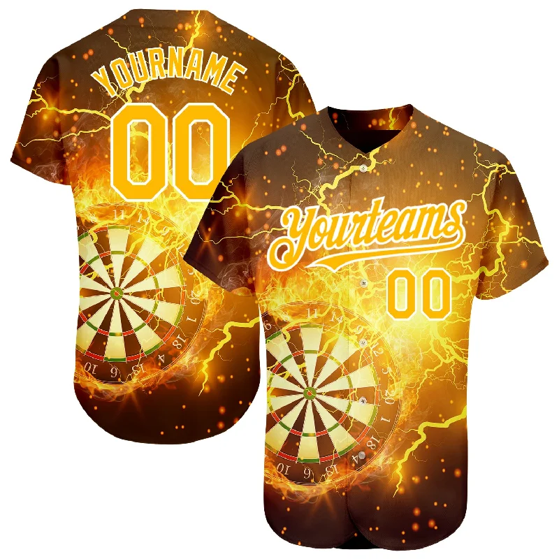 Baseball Jersey for Personalized Numbering and Names-Custom Black Gold-White 3D Pattern Design Lightning Flame Dart Board Authentic Baseball Jersey