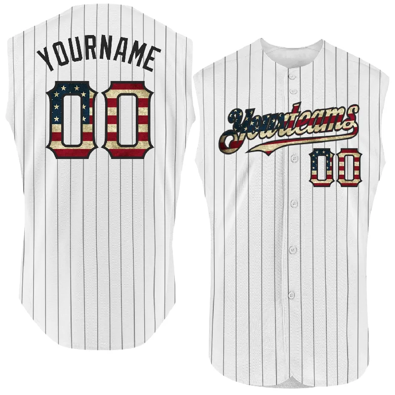 Baseball Jersey for Personalized Fan Designs-Custom White Black Pinstripe Vintage USA Flag Authentic Sleeveless Baseball Jersey