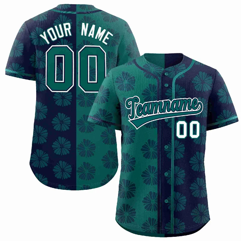 Baseball Jersey for Personalized Player Designs-Custom Aqua Navy Split Fashion Flower Graffiti Pattern Authentic Baseball Jersey