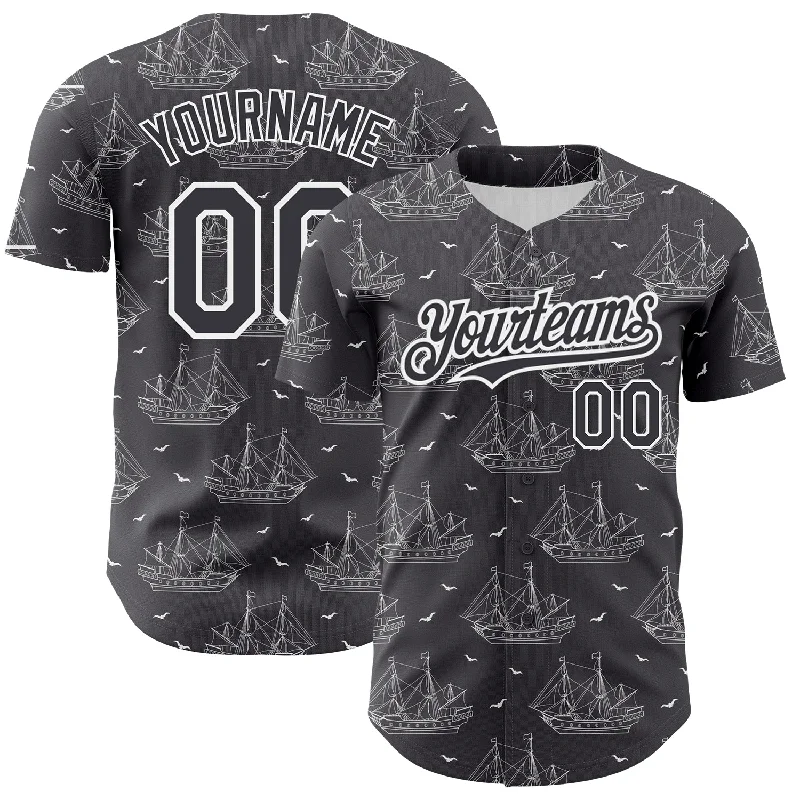 Baseball Jersey for Little League-Custom Steel Gray White 3D Pattern Design Ship Frigate With Seagulls Authentic Baseball Jersey