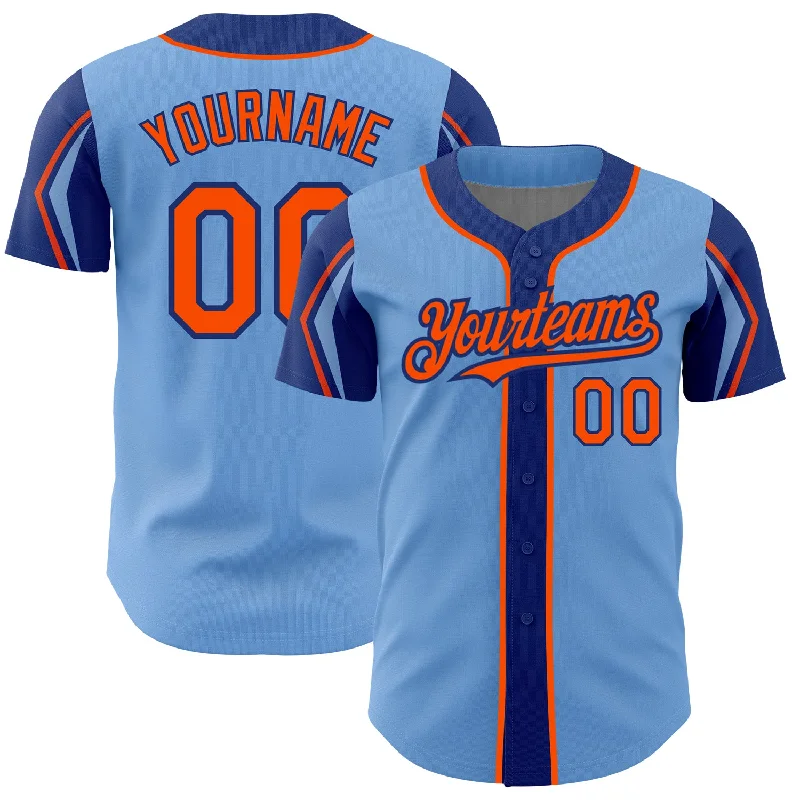 Baseball Jersey for Cool Custom Player Designs-Custom Light Blue Orange-Royal 3 Colors Arm Shapes Authentic Baseball Jersey