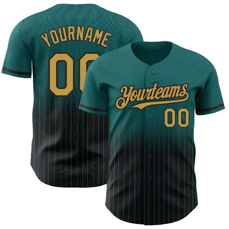 Baseball Jersey for Baseball Game Gear-Custom Teal Pinstripe Old Gold-Black Authentic Fade Fashion Baseball Jersey