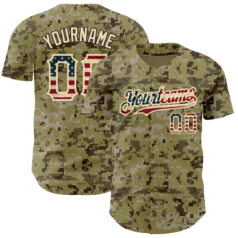 Baseball Jersey for Personalized Apparel for Fans-Custom Camo Vintage USA Flag-City Cream Authentic Salute To Service Baseball Jersey