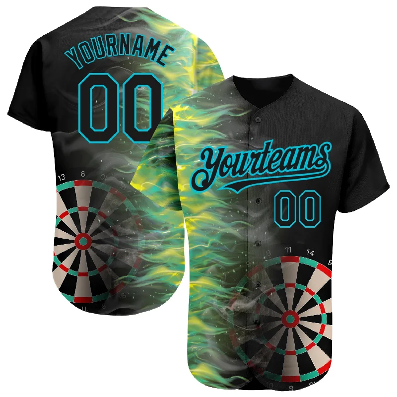 Baseball Jersey for Adjustable Fit-Custom Black Lakes Blue 3D Pattern Design Fiery Dart Board Authentic Baseball Jersey