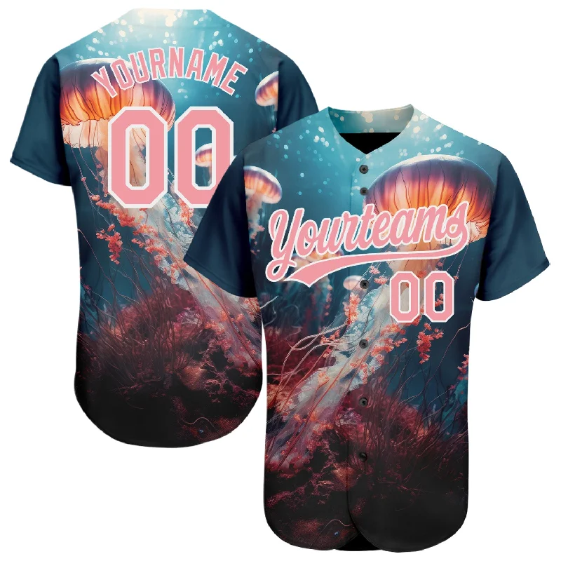 Baseball Jersey for Personalized Player Designs-Custom Navy Medium Pink-White 3D Pattern Design Jellyfish Under Water With Light Shining Authentic Baseball Jersey