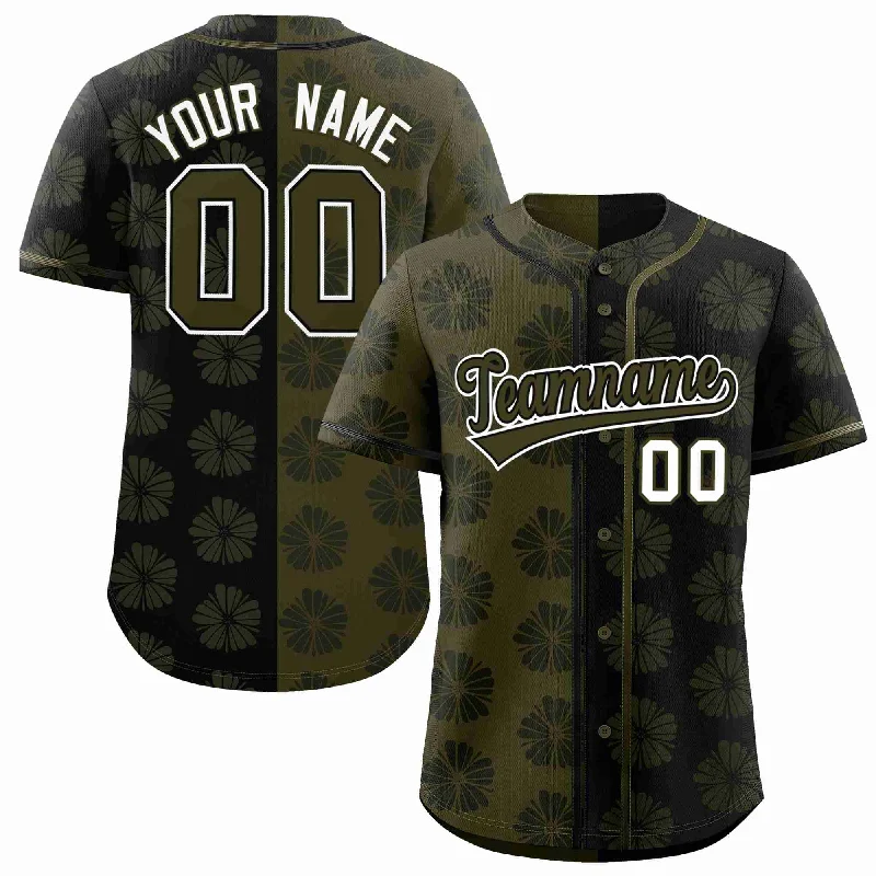 Baseball Jersey for Home and Away Games-Custom Olive Black Split Fashion Flower Graffiti Pattern Authentic Baseball Jersey