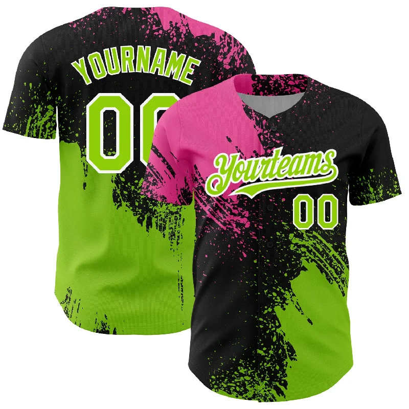 Baseball Jersey for School Baseball Teams-Custom Black Neon Green-Pink 3D Pattern Design Abstract Brush Stroke Authentic Baseball Jersey