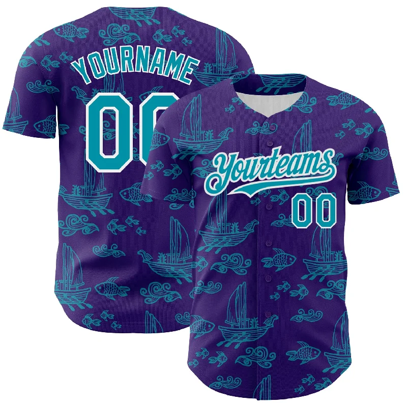 Baseball Jersey for Custom Printed Designs-Custom Purple Teal-White 3D Pattern Design Boats And Fish Authentic Baseball Jersey