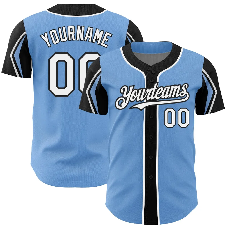 Baseball Jersey for Fun and Unique Custom Designs-Custom Light Blue White-Black 3 Colors Arm Shapes Authentic Baseball Jersey