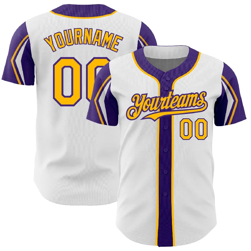 Baseball Jersey for Baseball Fan Apparel-Custom White Gold-Purple 3 Colors Arm Shapes Authentic Baseball Jersey