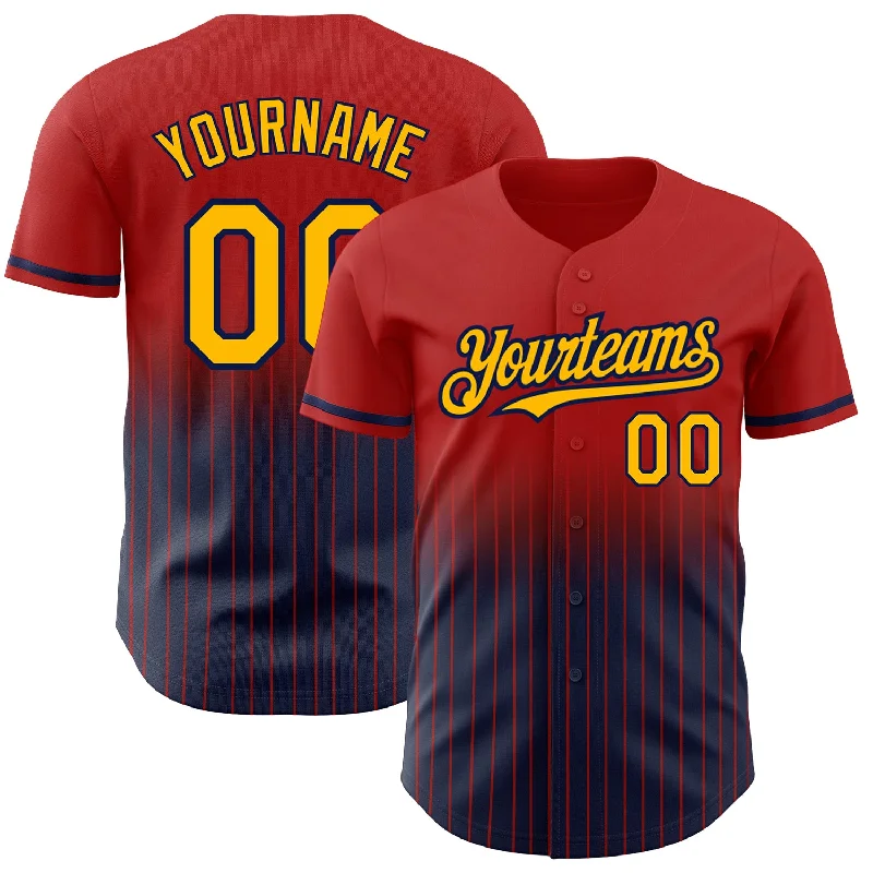 Baseball Jersey for Retro Baseball Look-Custom Red Pinstripe Gold-Navy Authentic Fade Fashion Baseball Jersey