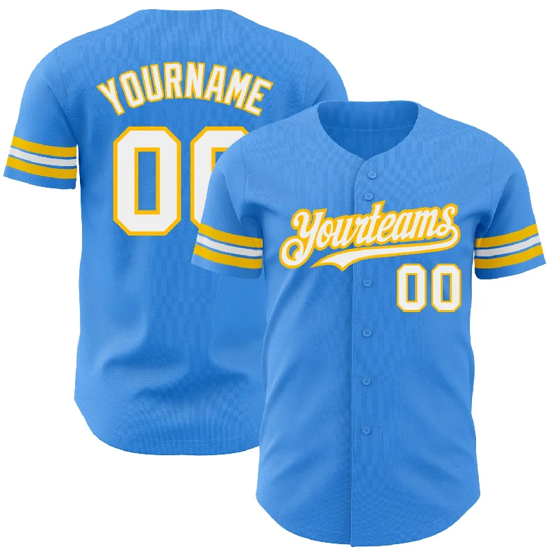 Baseball Jersey for Youth League Teams-Custom Electric Blue White-Gold Authentic Baseball Jersey