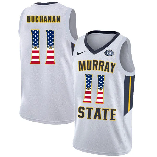 Basketball Jersey for Youth Sports Teams-Murray State Racers 11 Shaq Buchanan White USA Flag College Basketball Basketball Jersey