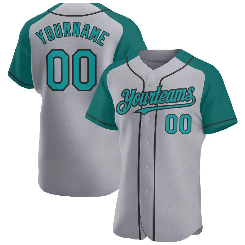 Baseball Jersey for Game Play Apparel-Custom Gray Teal-Black Authentic Raglan Sleeves Baseball Jersey