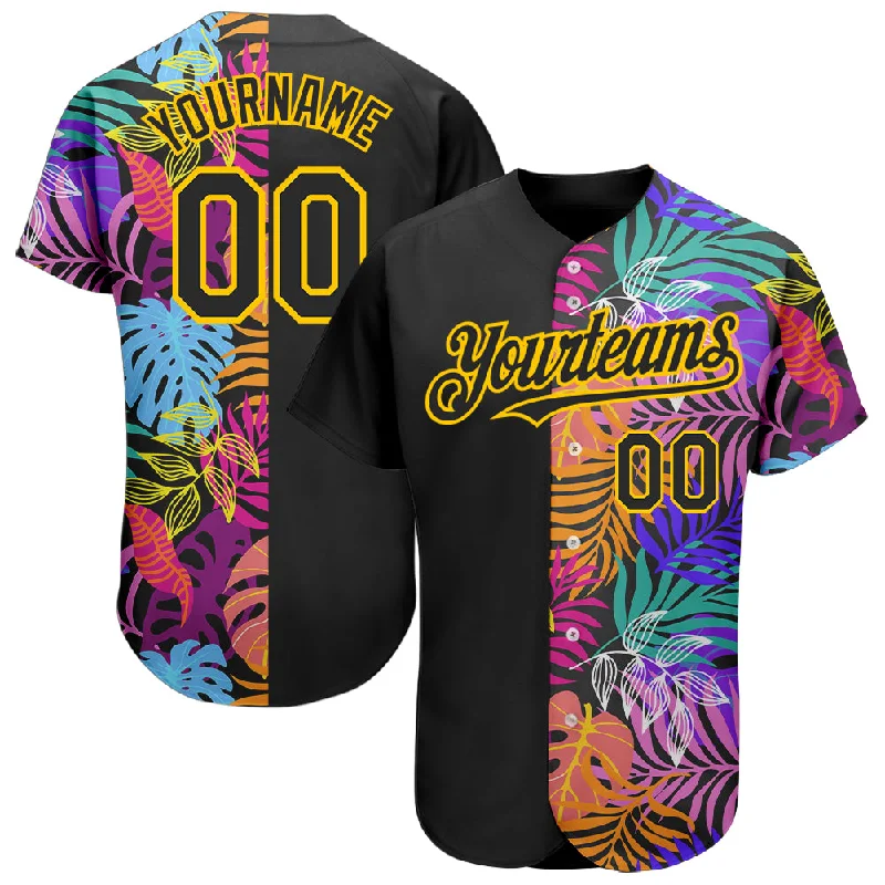 Baseball Jersey for Comfortable Sports Fit-Custom Black Yellow 3D Pattern Design Hawaii Tropical Palm Trees Authentic Baseball Jersey