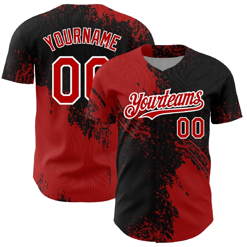 Baseball Jersey for Performance Fit-Custom Black Red-White 3D Pattern Design Abstract Brush Stroke Authentic Baseball Jersey