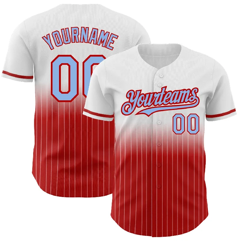 Baseball Jersey for Fun and Unique Custom Designs-Custom White Pinstripe Light Blue-Red Authentic Fade Fashion Baseball Jersey