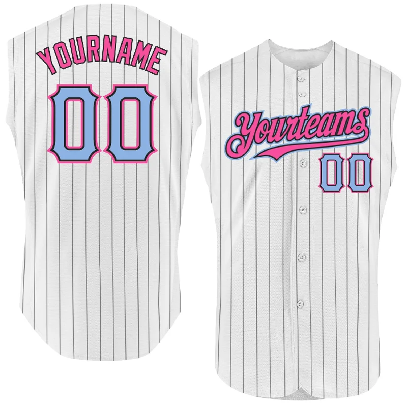 Baseball Jersey for Team Player Fit-Custom White Black Pinstripe Light Blue-Pink Authentic Sleeveless Baseball Jersey