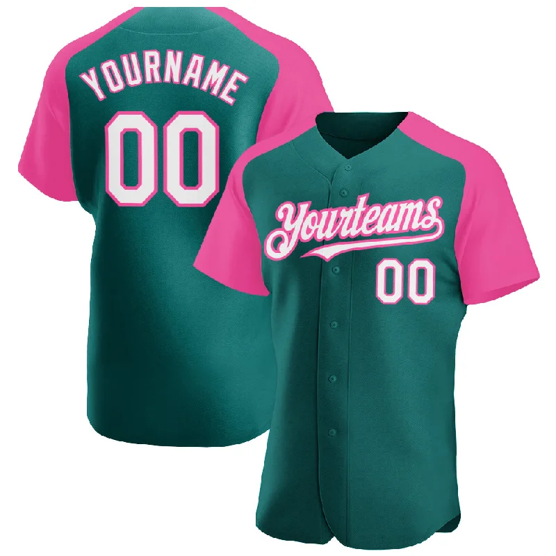 Baseball Jersey for Youth Fan Apparel-Custom Teal White-Pink Authentic Raglan Sleeves Baseball Jersey