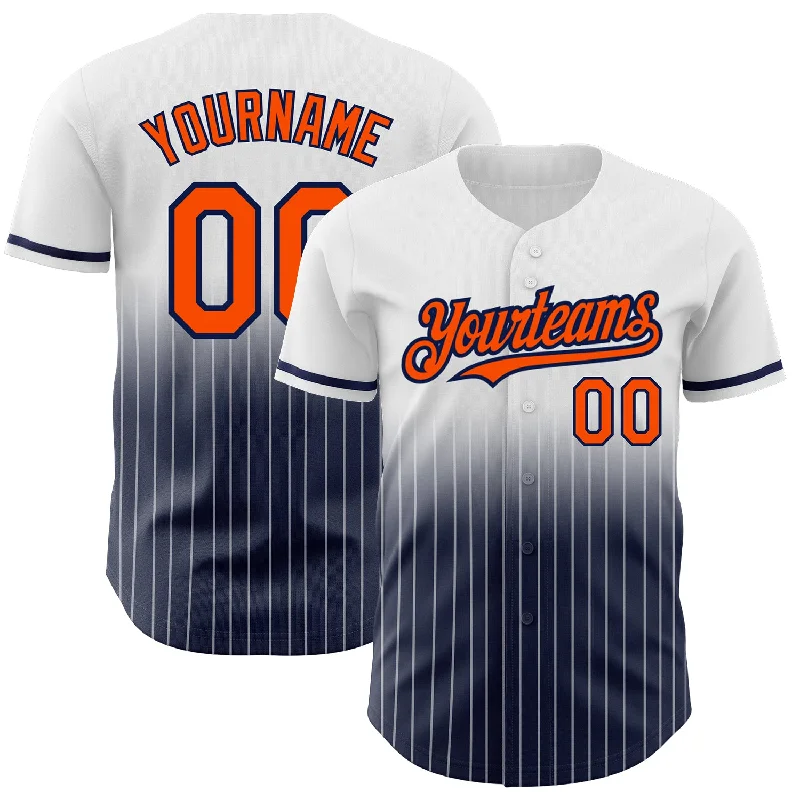 Baseball Jersey for Baseball Fan Apparel-Custom White Pinstripe Orange-Navy Authentic Fade Fashion Baseball Jersey