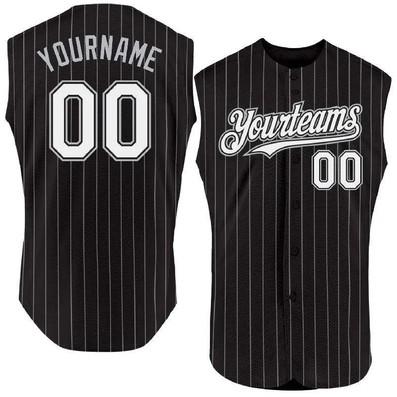 Baseball Jersey for Collectible Items-Custom Black White Pinstripe Light Blue Authentic Sleeveless Baseball Jersey