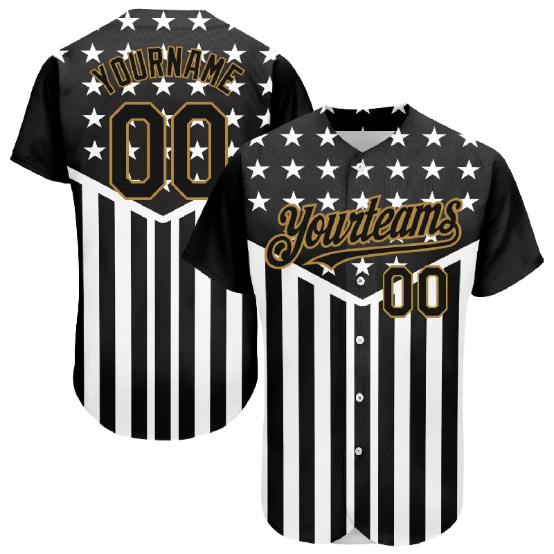 Baseball Jersey for Complete Custom Apparel-Custom Black Old Gold-White 3D American Flag Authentic Baseball Jersey