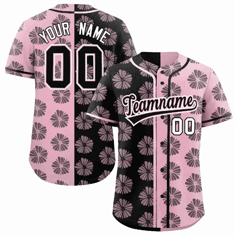 Baseball Jersey for Custom Logos-Custom Black Light Pink Split Fashion Flower Graffiti Pattern Authentic Baseball Jersey