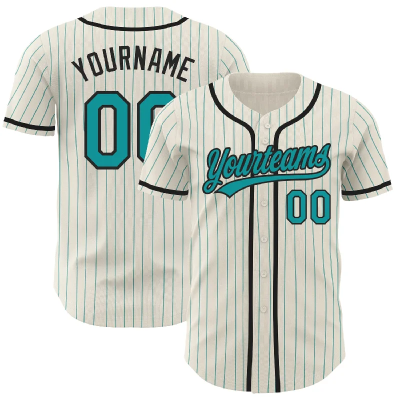 Baseball Jersey for Kids-Custom Cream Teal Pinstripe Black Authentic Baseball Jersey