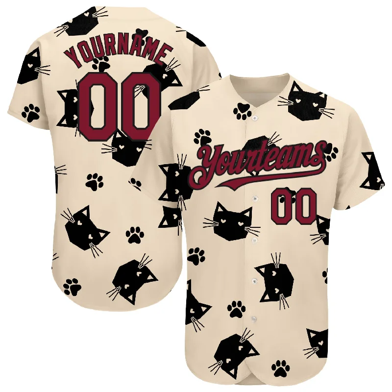 Baseball Jersey for Casual Team Support Apparel-Custom Cream Crimson-Black 3D Pattern Design Cat Authentic Baseball Jersey