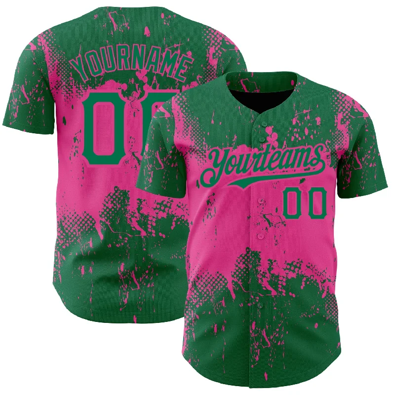 Baseball Jersey for Custom Name and Numbering-Custom Kelly Green Pink 3D Pattern Design Abstract Splatter Grunge Art Authentic Baseball Jersey