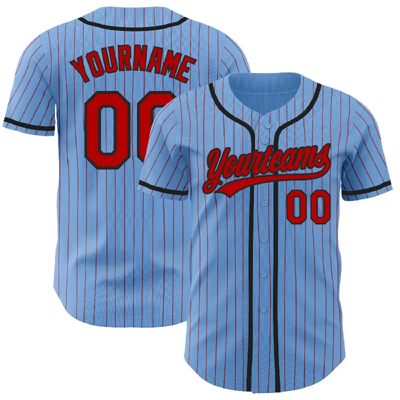 Baseball Jersey for Game Day Fan Gear-Custom Light Blue Red Pinstripe Black Authentic Baseball Jersey