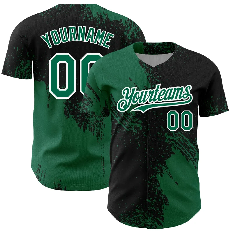 Baseball Jersey for Baseball Fan Apparel-Custom Black Kelly Green-White 3D Pattern Design Abstract Brush Stroke Authentic Baseball Jersey