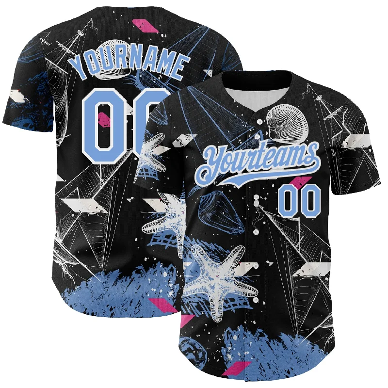 Baseball Jersey for Premium Game-Day Apparel-Custom Black Light Blue-White 3D Pattern Design Sailing Boats Authentic Baseball Jersey