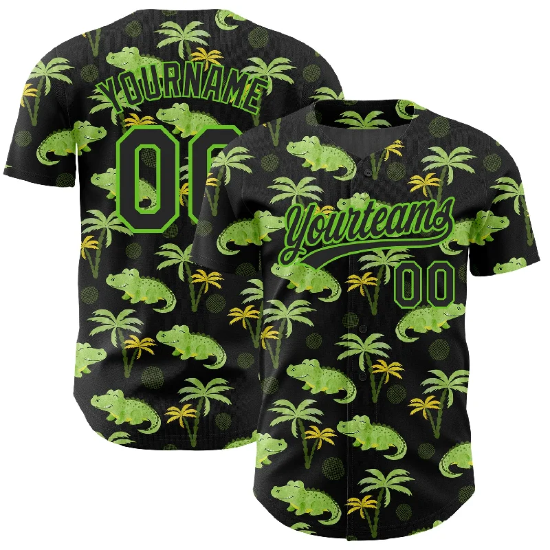 Baseball Jersey for Youth Sports Events-Custom Black Aurora Green 3D Pattern Design Crocodile And Tropical Hawaii Palm Trees Authentic Baseball Jersey