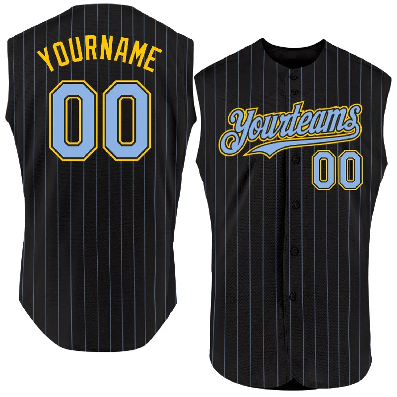 Baseball Jersey for Youth Baseball Gear-Custom Black Light Blue Pinstripe Yellow Authentic Sleeveless Baseball Jersey