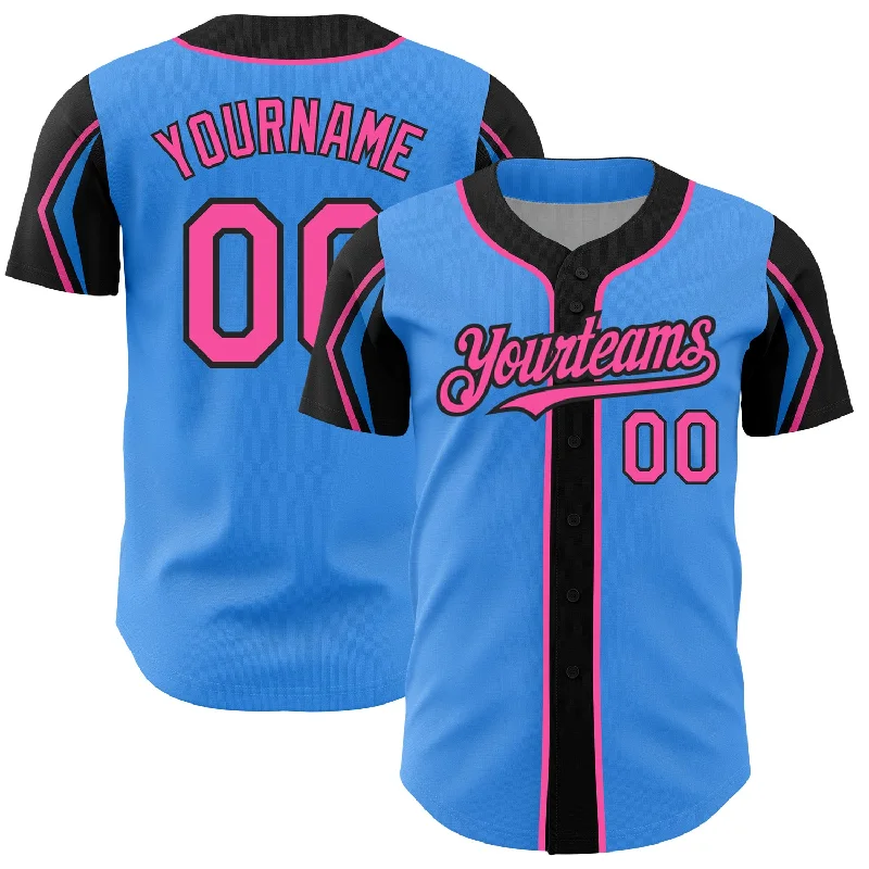 Baseball Jersey for Professional Baseball Players-Custom Electric Blue Pink-Black 3 Colors Arm Shapes Authentic Baseball Jersey