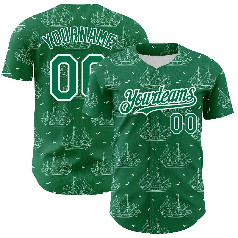 Baseball Jersey for College Teams-Custom Kelly Green White 3D Pattern Design Ship Frigate With Seagulls Authentic Baseball Jersey