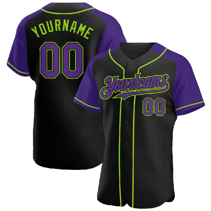 Baseball Jersey for Comfortable Player Jerseys-Custom Black Purple-Neon Green Authentic Raglan Sleeves Baseball Jersey