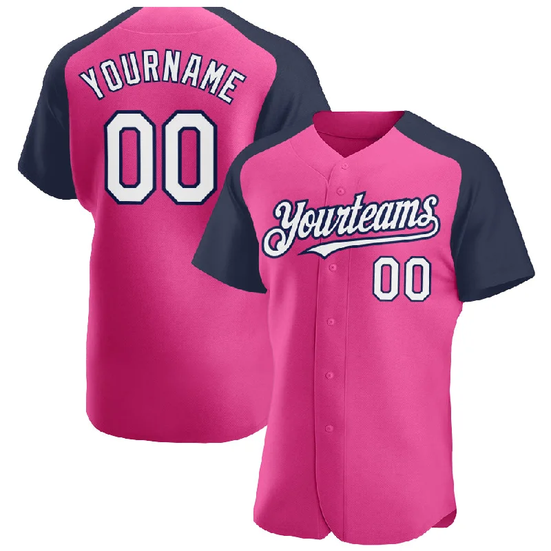 Baseball Jersey for Comfortable Sports Fit-Custom Pink White-Navy Authentic Raglan Sleeves Baseball Jersey