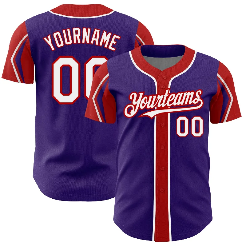 Baseball Jersey for Game Play Apparel-Custom Purple White-Red 3 Colors Arm Shapes Authentic Baseball Jersey