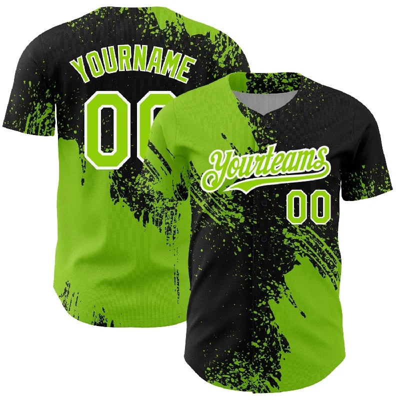 Baseball Jersey for High-Quality Soft Fabric-Custom Black Neon Green-White 3D Pattern Design Abstract Brush Stroke Authentic Baseball Jersey