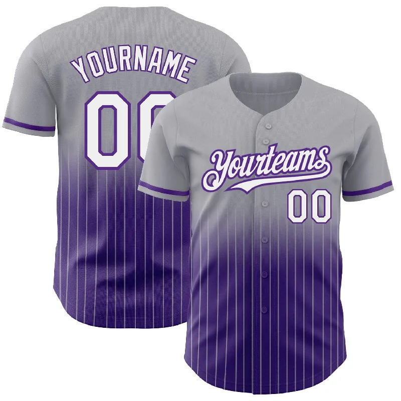 Baseball Jersey for School Spirit Wear-Custom Gray Pinstripe White-Purple Authentic Fade Fashion Baseball Jersey