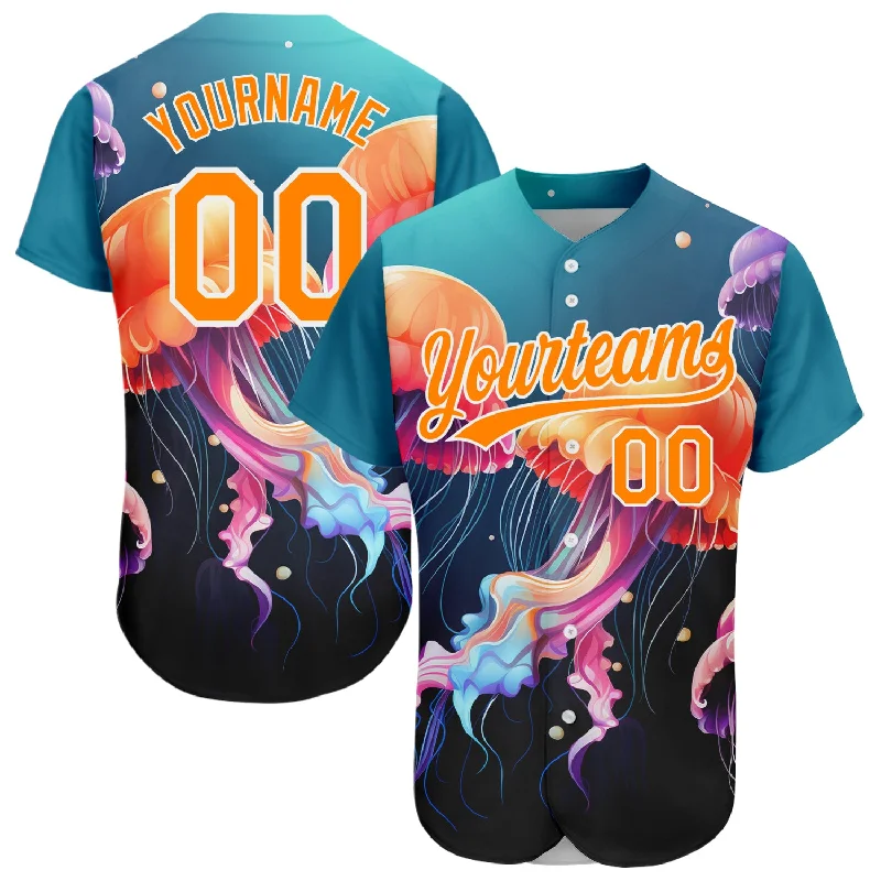 Baseball Jersey for Softball and Baseball Hybrid-Custom Navy Bay Orange-White 3D Pattern Design Jellyfish Floating In The Ocean Authentic Baseball Jersey