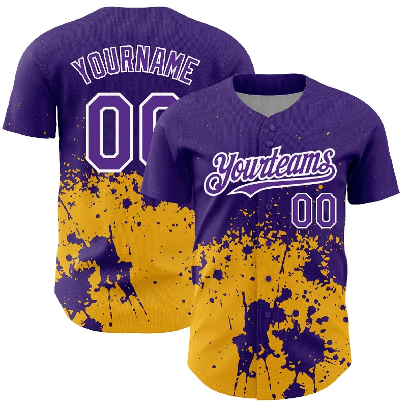 Baseball Jersey for Softball and Baseball Customization-Custom Purple Gold-White 3D Pattern Design Abstract Splash Grunge Art Authentic Baseball Jersey