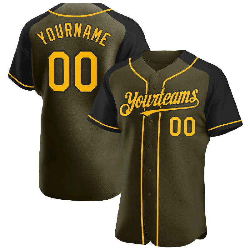 Baseball Jersey for Unique Fan Gear-Custom Olive Gold-Black Authentic Raglan Sleeves Salute To Service Baseball Jersey