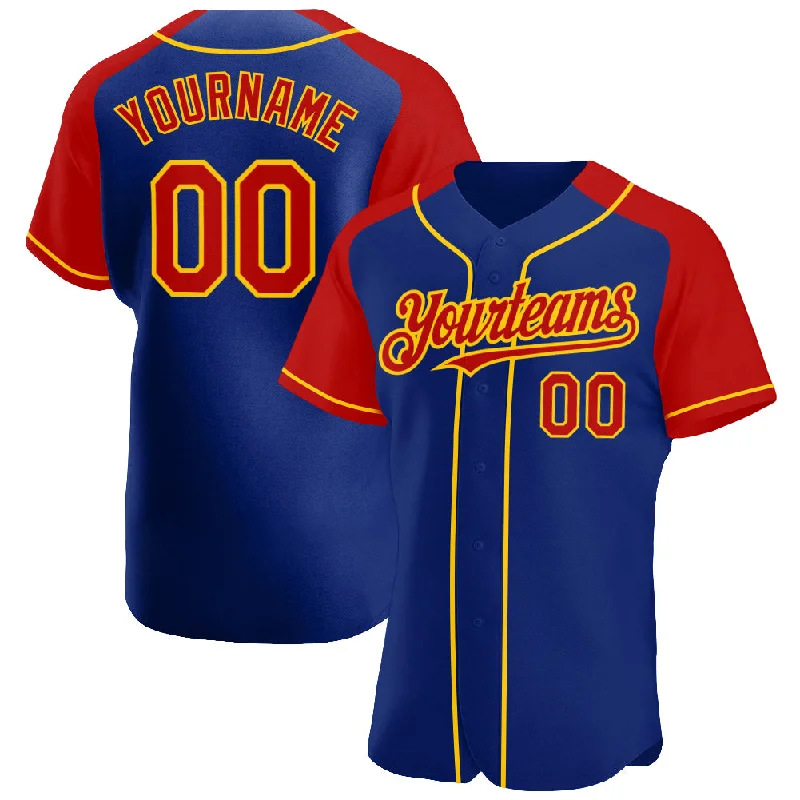 Baseball Jersey for Premium Fabric-Custom Royal Red-Yellow Authentic Raglan Sleeves Baseball Jersey